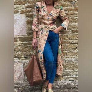 ZARA Tan Floral Print Satin Kimono Shirt Dress Duster